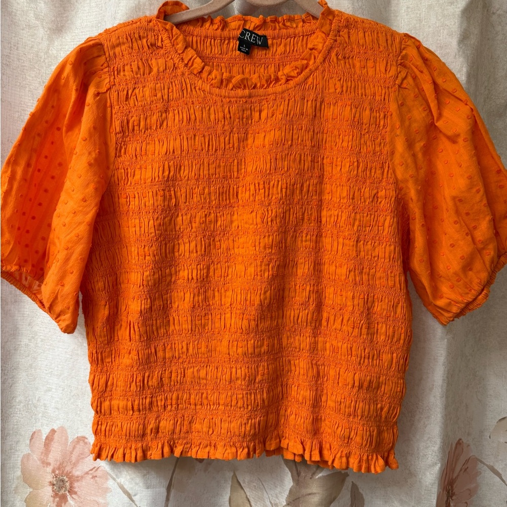 J. Crew Orange Puff Sleeve Smocked Blouse